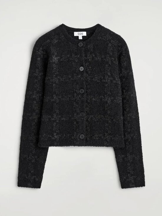 COS Sweaters - COS Black Sparkly Bouclé-Knit Button Front Crop Cardigan, Black Metallic, Small